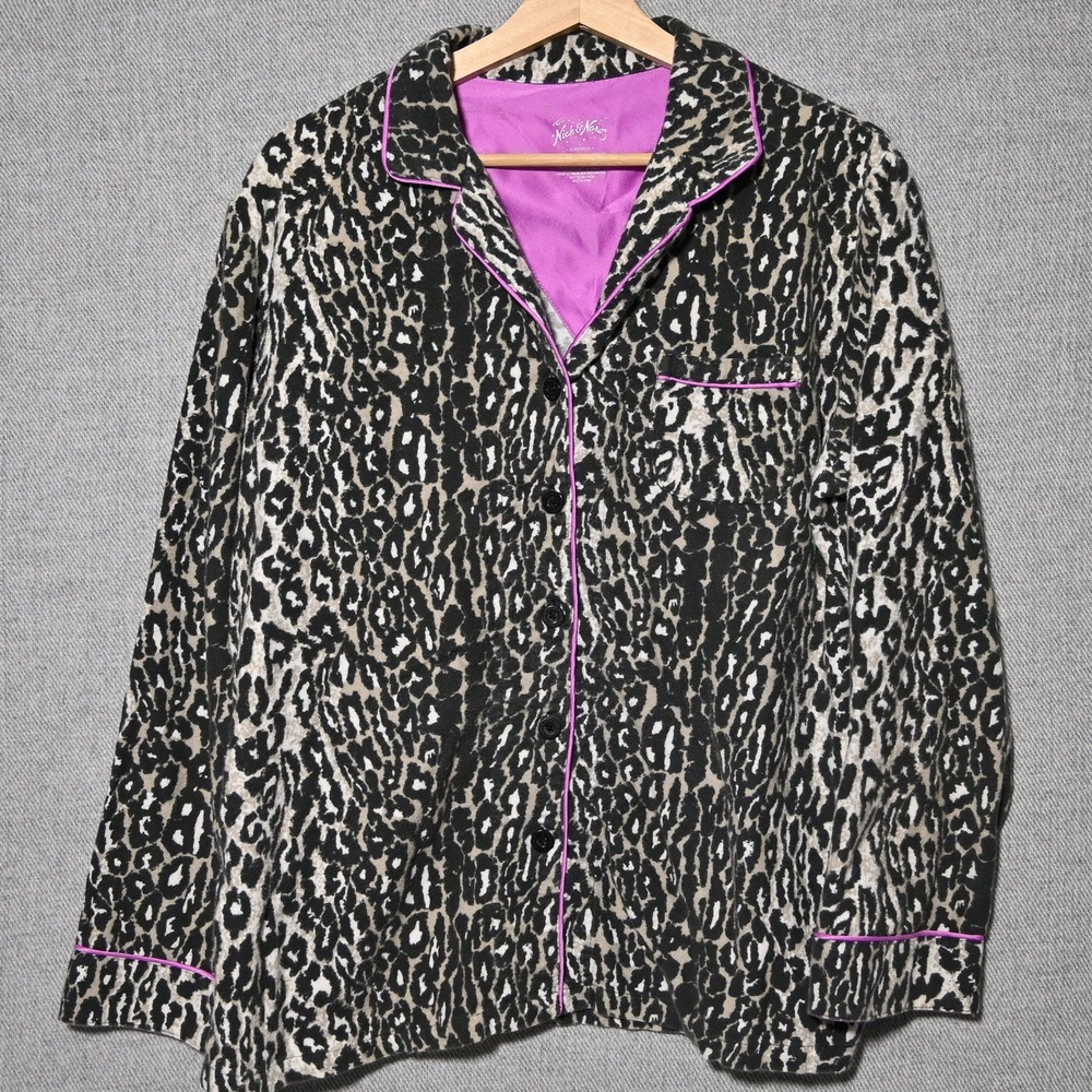 Nick & Nora Pajama Set Womens Flannel Leopard Print Purple Trim Large Black Grey